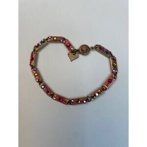 Vintage GLASS WORKS STUDIO Pink Rhinestone Link Bracelet Signed Bronze Tone Snap